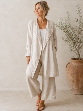 Made In Italy Linen Jacket Cardigan Lagenlook Open Front Oatmeal Large